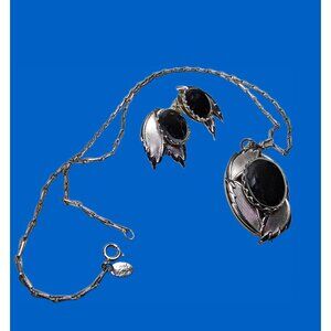 Park Lane Faux Hematite Large Cabochon Pendant Necklace and Earring Set, Vintage